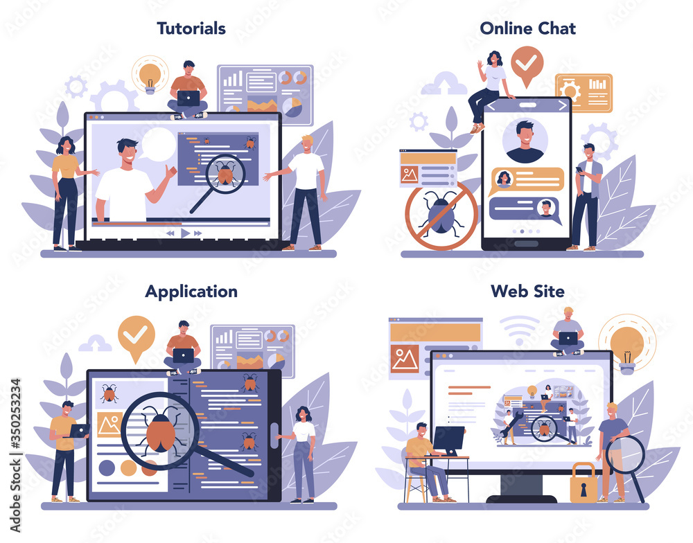 Poster testing software online service or platform set. application or website