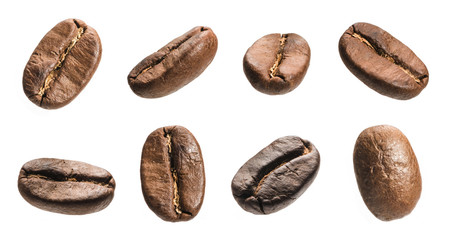 Set of fresh roasted coffee beans isolated on white background. Coffee beans close up, Espresso dark