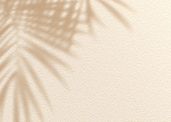 Obraz premium Brown cream clay mud grunge cement texture wall leaf plant shadow background.Summer tropical travel beach with minimal concept. Flat lay palm nature.