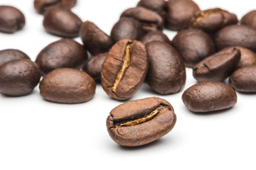 coffee beans roasted on a white background area for copy space.