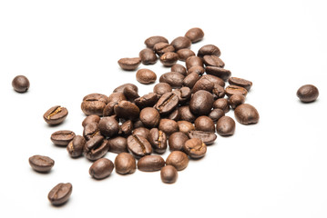 coffee beans roasted on a white background with copy space for your text