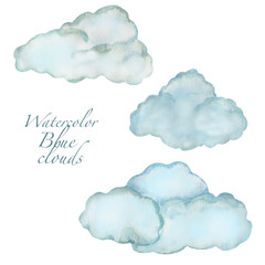 Watercolor illustration of a set of blue clouds. Hand-drawn with watercolors and is suitable for all types of design and printing.