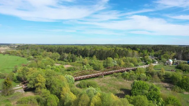 Aerial view of the old Prussian bridge in Talpaki village, Russia