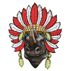 Rhinoceros, rhino portrait. Head of wild animal. Indian headdress with feathers. Boho style.