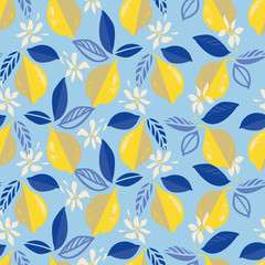Vector tropical modern mediterranean summer lemon repeating pattern. Hand drawn bright textured citrus fruit pattern with leaf and bud on blue background. Classy simple summer backdrop.