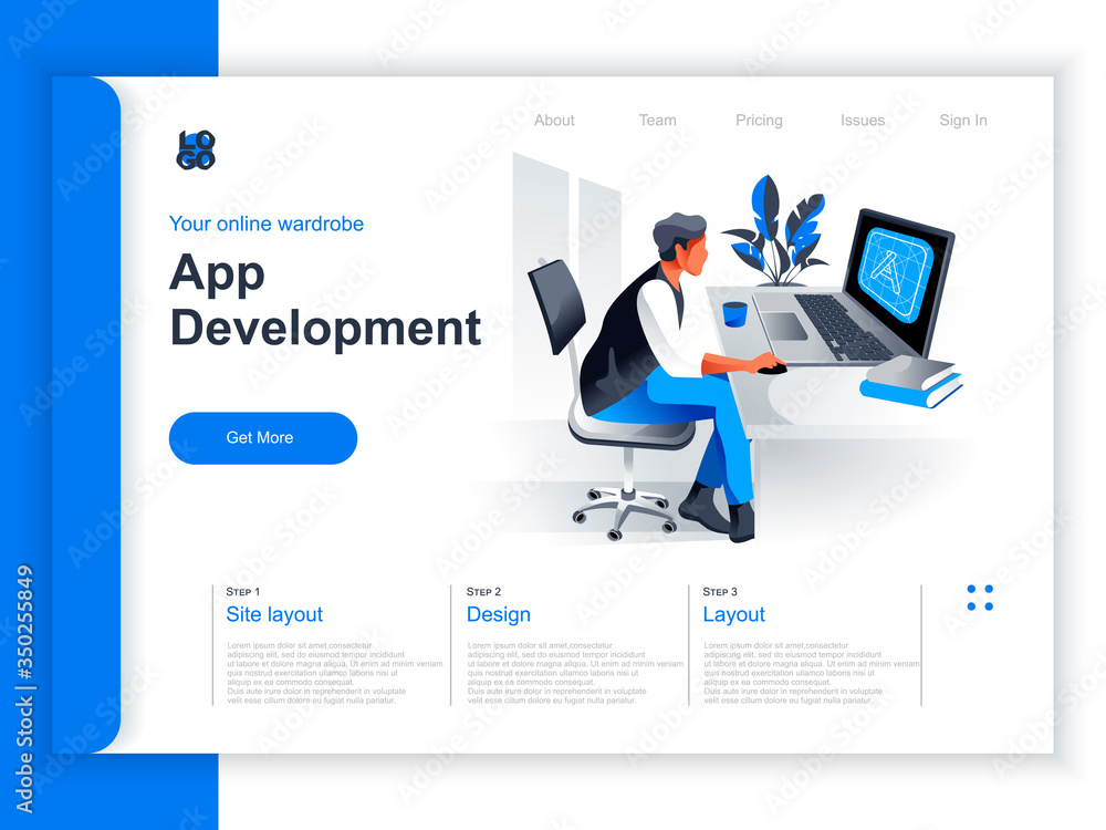 Aufkleber App development isometric landing page. Programmer working with computer in office situation. UI, UX responsive design, application programming and testing cross platform code perspective flat design.