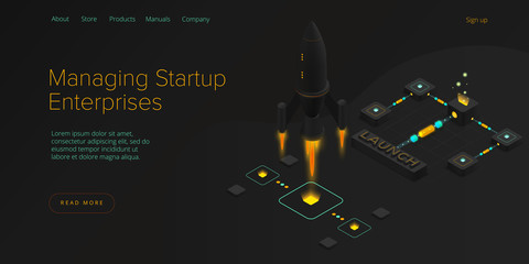 Startup coaching and mentorship concept in isometric vector illustration. Business start up team launching rocket with computer and server. Creative web banner layout template design.