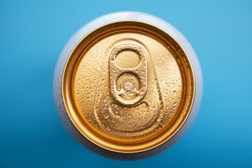 Macro photo of cold golden beer can