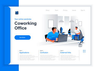 Coworking office isometric landing page. People working with computers in coworking open space area situation. Modern business community, coworkers in contemporary workspace perspective flat design.