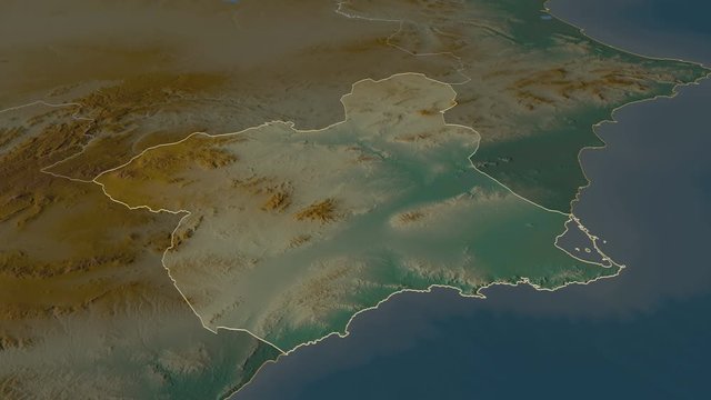Regi&oacute;n de Murcia, autonomous community with its capital, zoomed and extruded on the relief map of Spain in the conformal Stereographic projection. Animation 3D