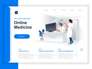 Online medicine isometric landing page. Doctor working with computer in office situation. Patient diagnosis and treatment, laboratory examination and medical appointment perspective flat design.