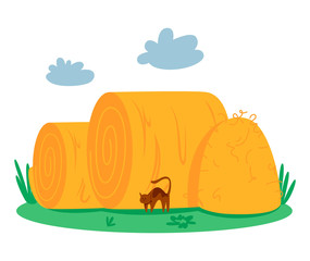 Summer farm landscape with haystacks. Farm large sheaf of dry wheat.