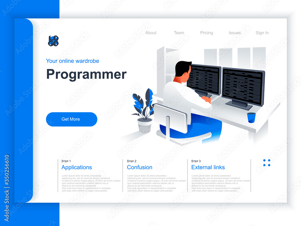 Aufkleber Software development isometric landing page. Programmer working with computer in office situation. Web application programming and testing, frontend and backend development perspective flat design.