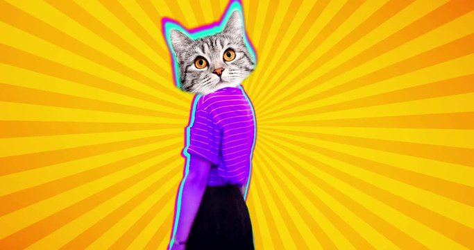 4K Minimal animation motion design. Pretty funny kitty face on dancing girl. Strip lover vibes. Pop and dance mood