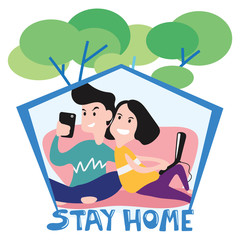 A cartoon of new normal showing family stay at home to protect themselves from covid19 or corona virus