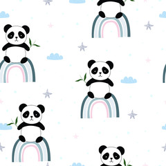 Seamless pattern The panda held a bamboo leaf sitting on the rainbow and had clouds floating next to it. Animal background cartoon character cute hand-drawn style in children. Vector illustration