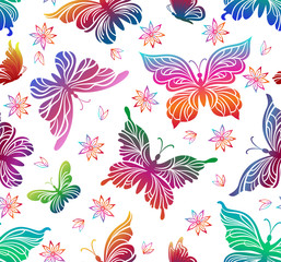Fototapeta na wymiar Seamless Pattern, Exotic Colorful Butterflies and Symbolic Flowers Contours on Tile White Background. Vector