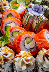 set of sushi roll with salmon, avocado, cream cheese, cucumber, rice, caviar, eel, tuna in plate