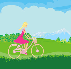 Girl is riding bike on spring field © diavolessa