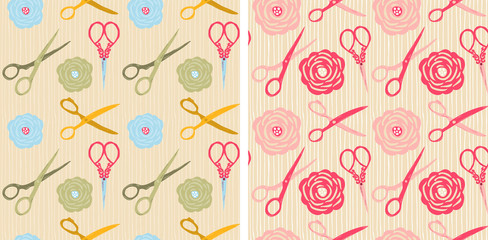 Scissors and flowers in pastel colors, seamless patterns