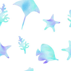 watercolor blue stingray and star fish  seamless pattern on white background for fabric,textile,wrapping,scrapbooking. Underwater life. Ocean animals