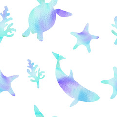 watercolor blue whale and turtle seamless pattern on white background for fabric,textile,wrapping,scrapbooking. Underwater life. Ocean animals