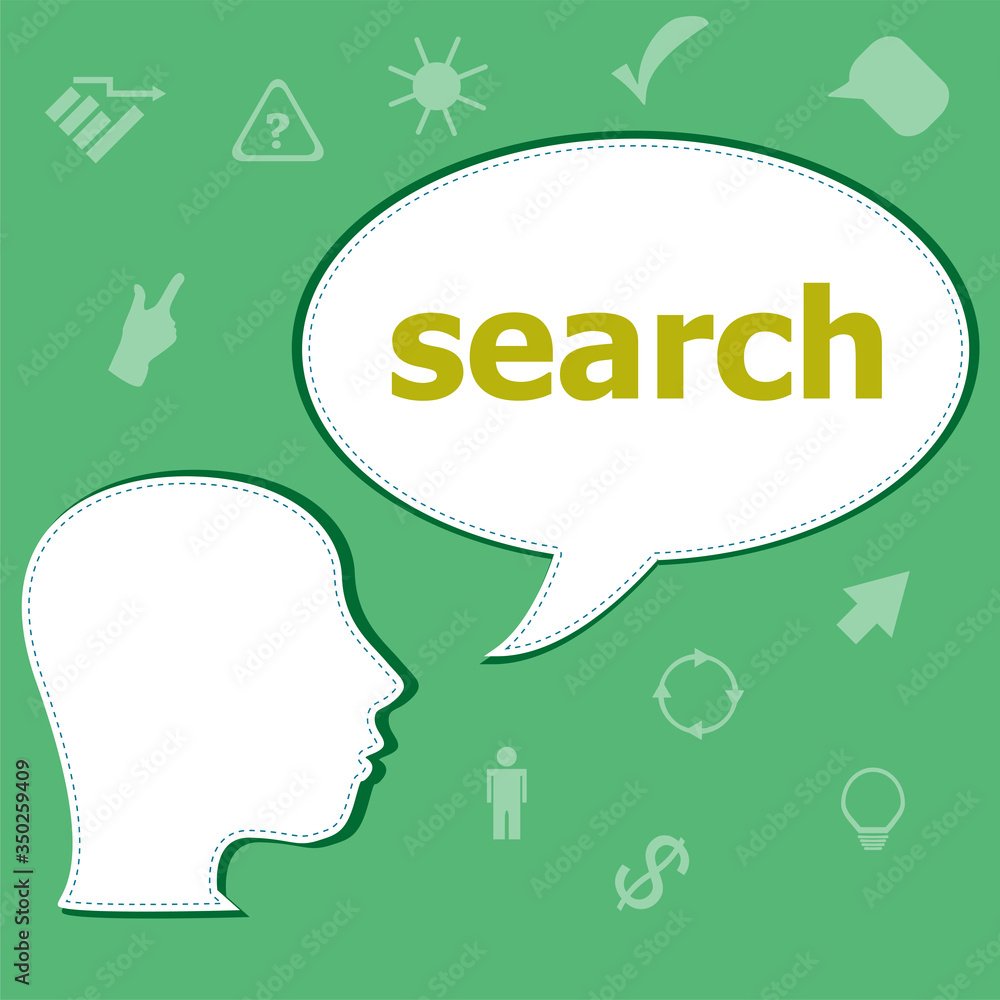 Poster text search on digital background. seo web development concept . head with speech bubble