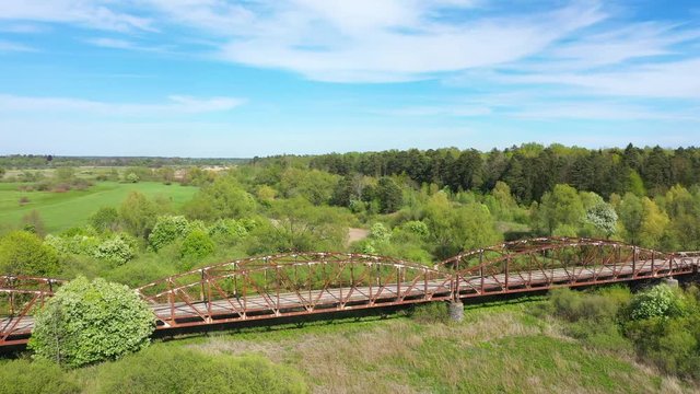 Aerial view of the old Prussian bridge in Talpaki village, Russia