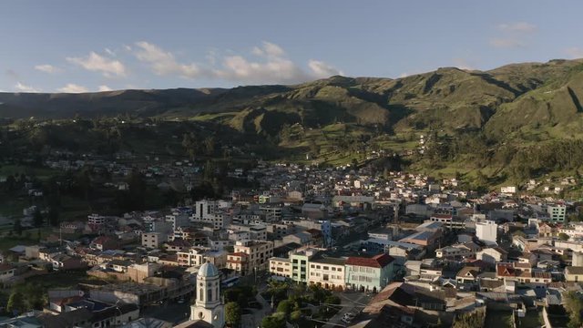 Aerial view of El Tambo town in the Andes from drone flying over. A settlement along th Panamerican Highway