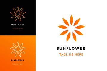 Fototapeta na wymiar Sun flower logo. Sunflower logotype concept on gradient yellow black white background flat line style. Botanical icon for yoga, wellness spa, beauty companies. Vector illustration
