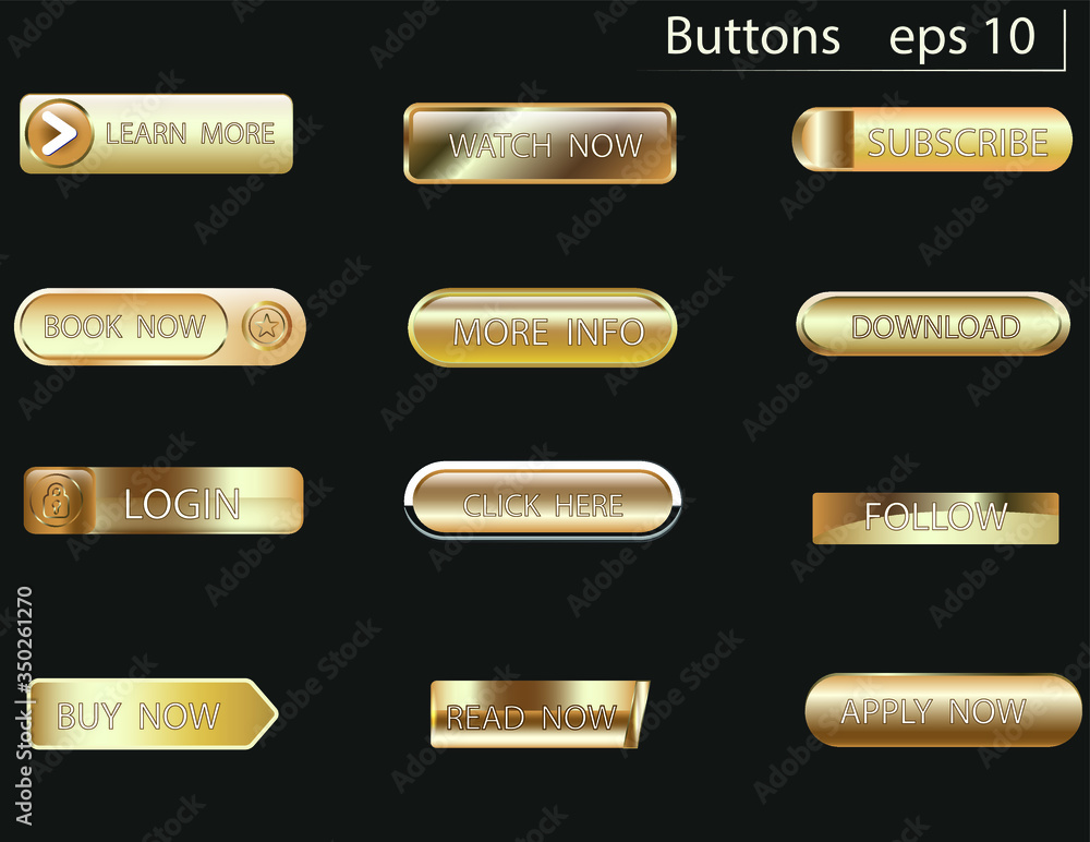 Wall mural set of glass gold buttons and sliders, web icons of different forms. gradient mesh. button set color