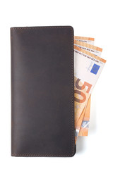 Brown leather wallet with euro banknotes isolated on white