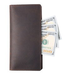 Brown leather wallet with dollars banknotes isolated on white