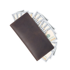 Brown leather wallet with dollars banknotes isolated on white