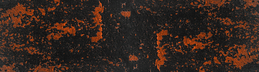 Black orange rustic grunge rusty abstract exfoliated painted spotted metal steel texture background banner panorama