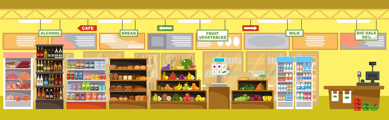 Supermarket interior with products and cash register. Big store