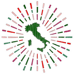 Sketch map of Italy. Sunburst around the country in flag colors. Hand drawn Italy shape with sun rays on white background. Vector illustration.