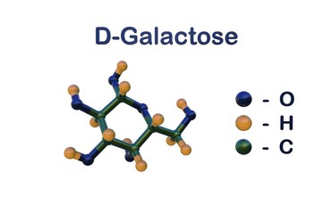 Structural chemical formula and molecular model of d-galactose, an optical isomer of glucose. Scientific background. 3d illustration