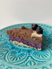 A piece of cake with blueberries on a plate.