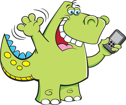 Cartoon illustration of a Tyrannosaurus Rex taking a selfie on a cell phone.