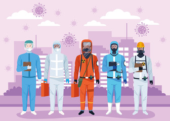 group of workers using protection virus suits and covid19 particles on the city