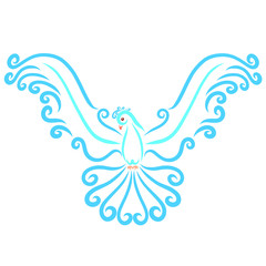 A graceful blue pigeon from curls looks down, spreading its wings