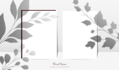Elegant cards mockup with floral overlay shadows. Editable empty stationery card vector scene with flowers background