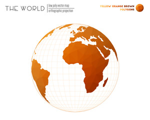 Abstract geometric world map. Orthographic projection of the world. Yellow Orange Brown colored polygons. Amazing vector illustration.