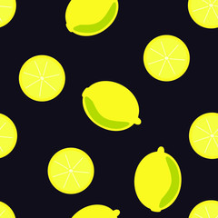 Lemon pattern. Yellow lemons on a dark background. Background image.