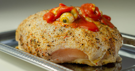 Prepared meat for Halloween party, raw chicken crown with a salt and pepper seasoning and peppercorn butter