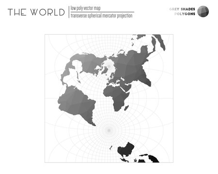 Triangular mesh of the world. Transverse spherical Mercator projection of the world. Grey Shades colored polygons. Elegant vector illustration.