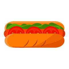 Hot Dog. Baguette with sausage, salad and tomatoes. Fast food. Vector illustration in flat, cartoon style