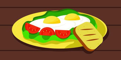 Vector illustration with scrambled eggs, toast, tomatoes on the plate. Healthy breakfast, homemade food. Wood background.