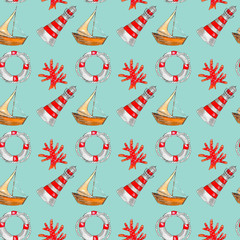 Seamless watercolor pattern on the theme of the sea, consisting of a lighthouse, lifebuoy, yacht and red coral. It can be used for printing on fabric or on paper. on a blue background